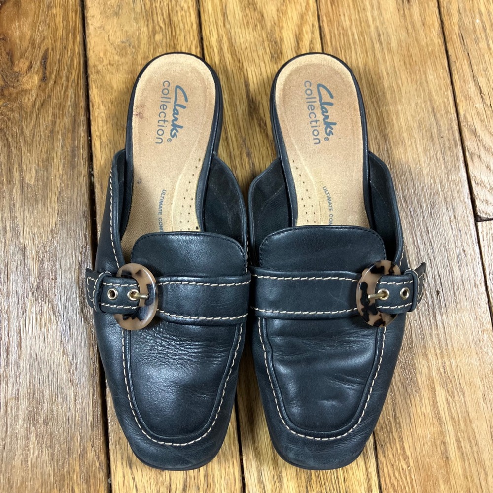 Clarks Collection Black Leather Mule Loafers Tortoise Buckle‎ Size 7